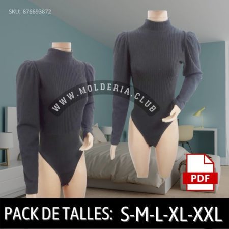 Patrón de Costura Malla Body Manga Larga Con Frunce y cuello, en 2 telas